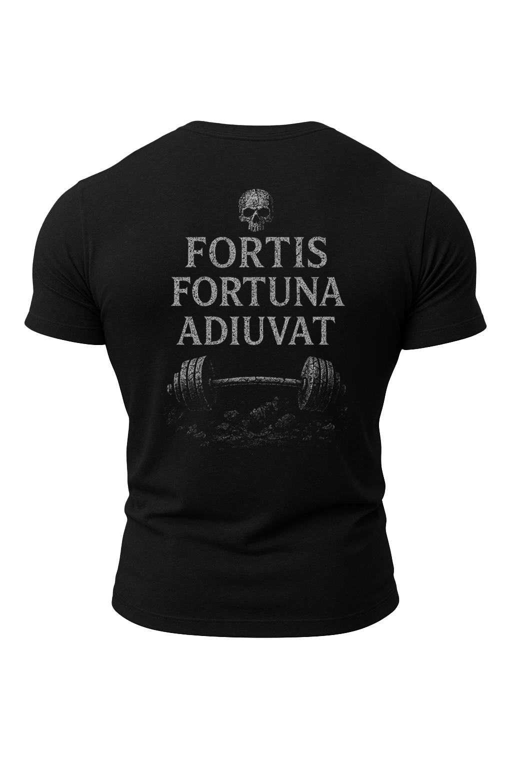 A black T-shirt with white text that reads Fortis Fortuna Adiuvat, meaning Fortune favours the brave. The text is accompanied by a Barbell over some rocks and a skull. This T-shirt is printed by Relic Strength Co., which is a bodybuilding and strength training brand.