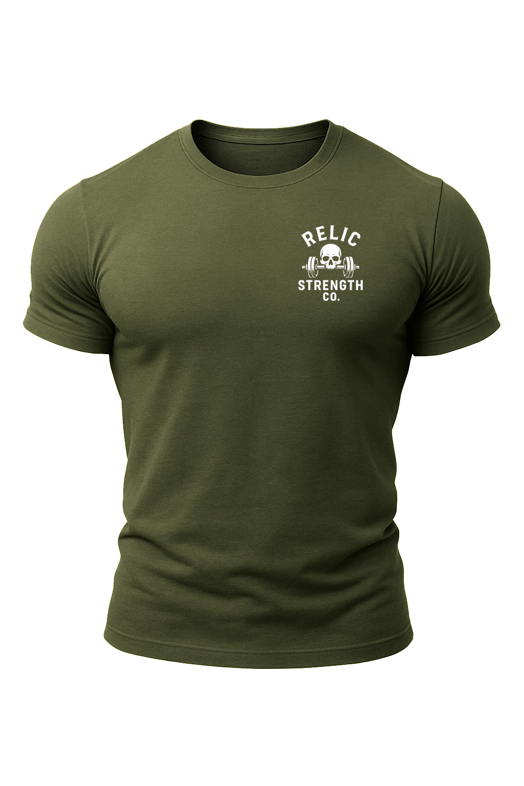 Green cotton muscle-fit gym t-shirt with a white graphic design reading Relic Strength Co., and a skull and barbell logo. A brand built for bodybuilders and Strength training