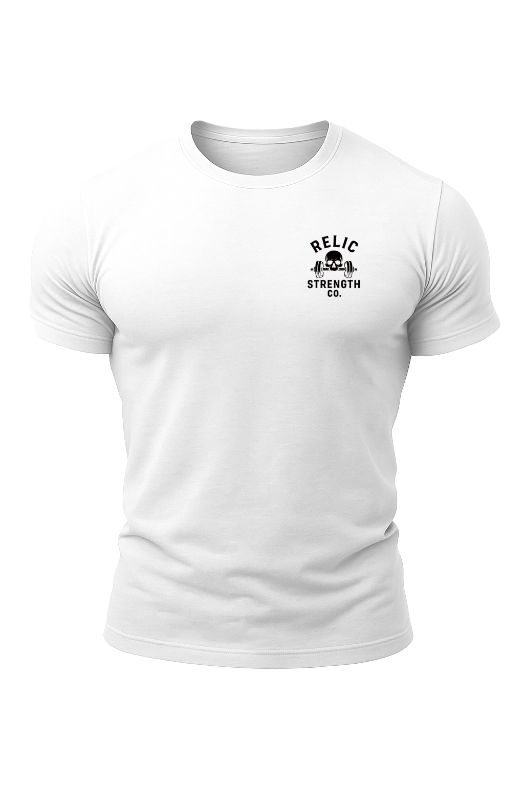 White cotton muscle fit gym t-shirt, with black graphic design reading Relic Strength Co., A brand built for bodybuilders and Strength training