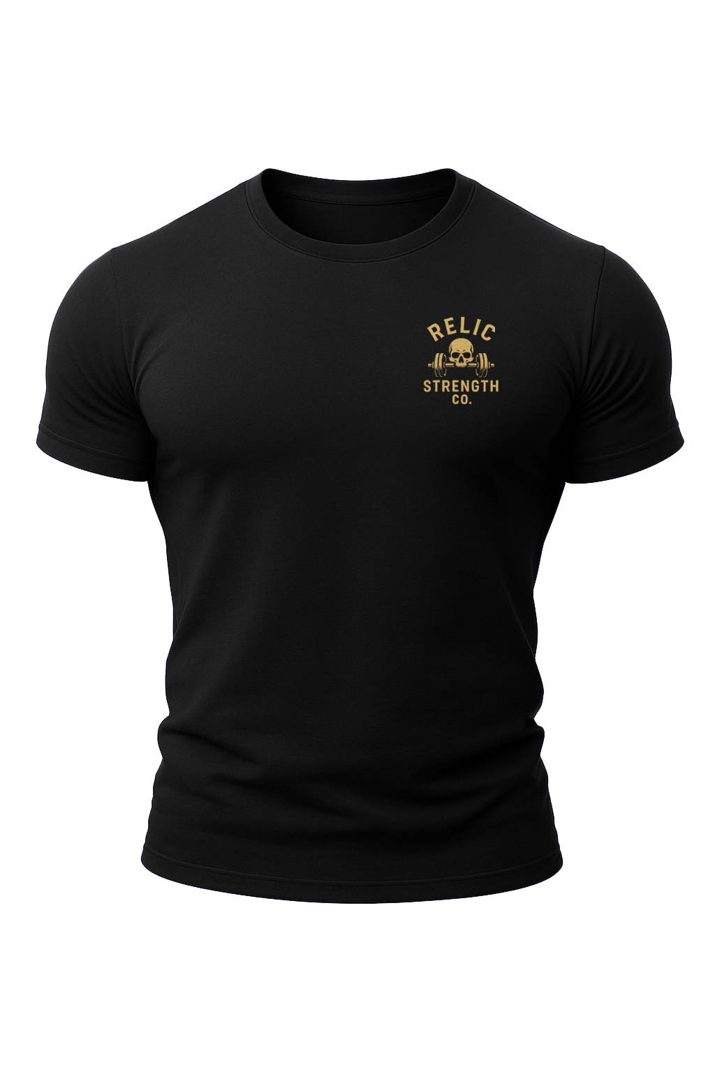 A black Tshirt with a yellow skull and barbell logo of Relic Strength Co. This T-shirt is printed by Relic Strength Co., which is a bodybuilding and strength training brand.