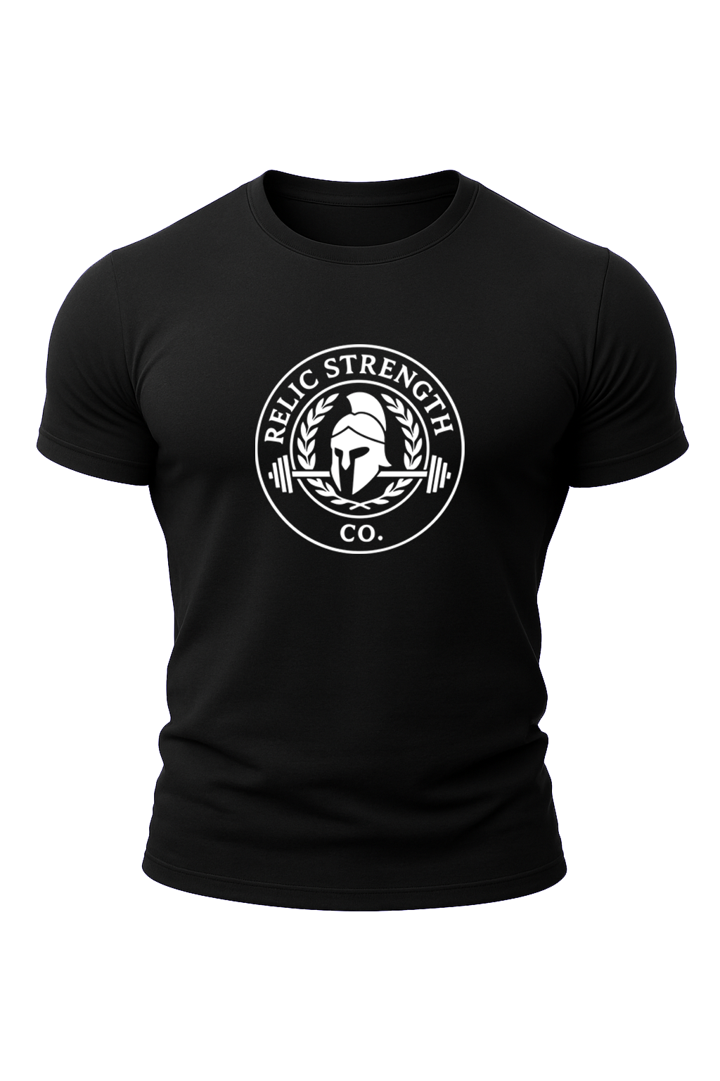 Black cotton muscle-fit gym t-shirt with a White graphic reading "Relic Strength Co." and a Spartan warrior helmet with a barbell. A brand built for bodybuilders and Strength training
