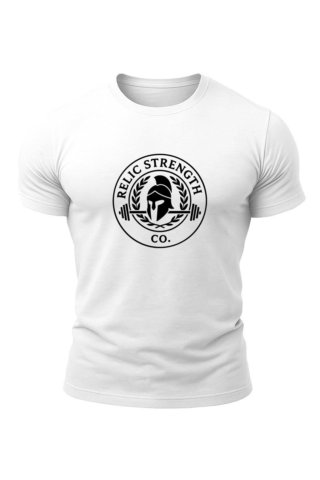 White cotton muscle-fit gym t-shirt with a black graphic reading "Relic Strength Co." and a Spartan warrior helmet with a barbell. A brand built for bodybuilders and Strength training