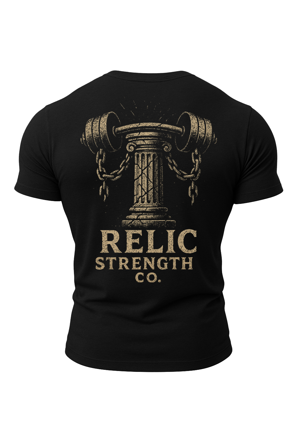 Black cotton muscle-fit gym t-shirt with a  graphic reading "Relic Strength Co." and a ancient pillar holding a barbell and chains. A brand built for bodybuilders and Strength training