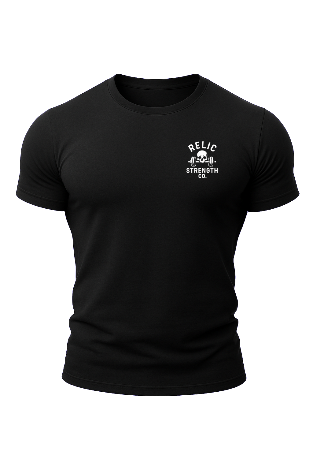 A black Tshirt with a white skull and barbell logo of Relic Strength Co. This T-shirt is printed by Relic Strength Co., which is a bodybuilding and strength training brand.